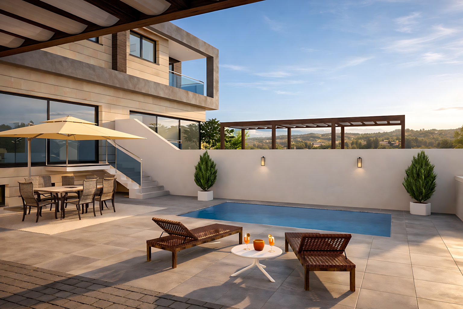 Villas Trinidad - Terraza con piscina privada al atardecer